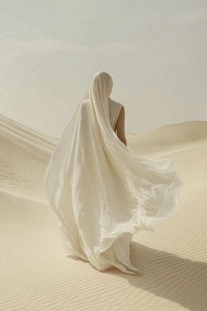 Paysage poétique d'un désert de sable blanc dans lequel évolue une femme vue de dos et portant une long voile blanc, qui marche de manière contemplative.