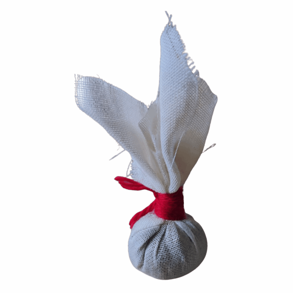 Pochon d'épices pour la moxibustion mongole fermé par un fil de laine rouge