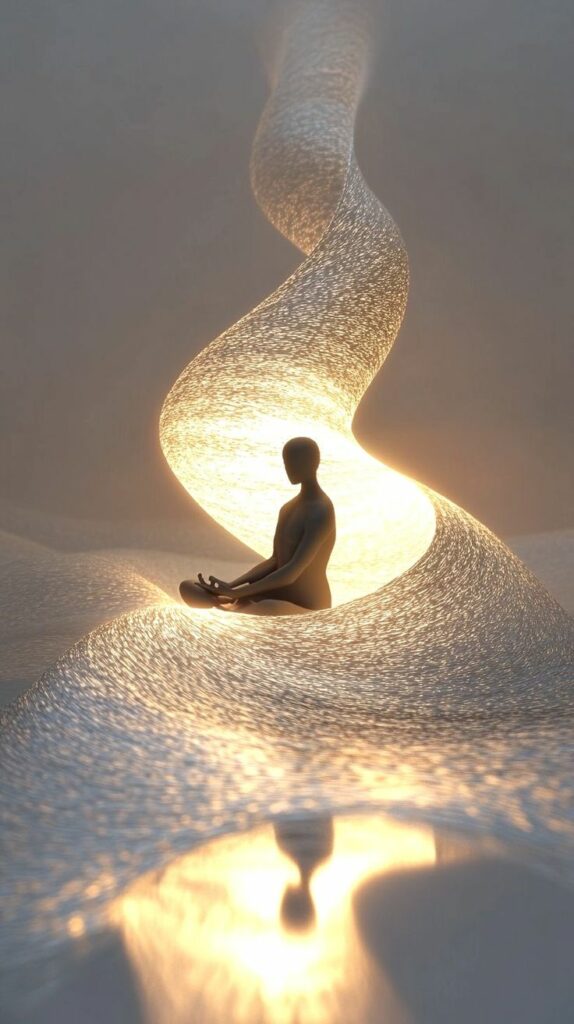 Femme assise dans une spirale de lumière, ancrage et élévation.